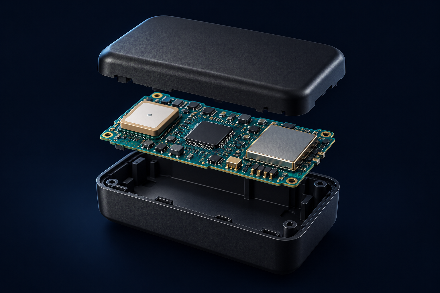 Exploded GPS device showing circuit board, processor and antenna
